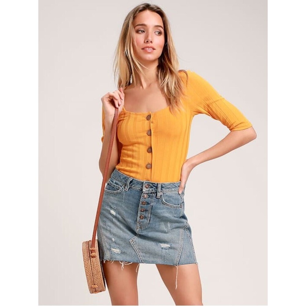 Free People Central Park Ribbed Button Cardigan Top XS 70s Retro Fall Mustard